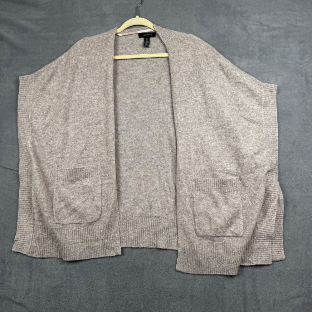Halogen 100% Cashmere Open Front Cardigan Wrap Taupe Heather One Size Pockets